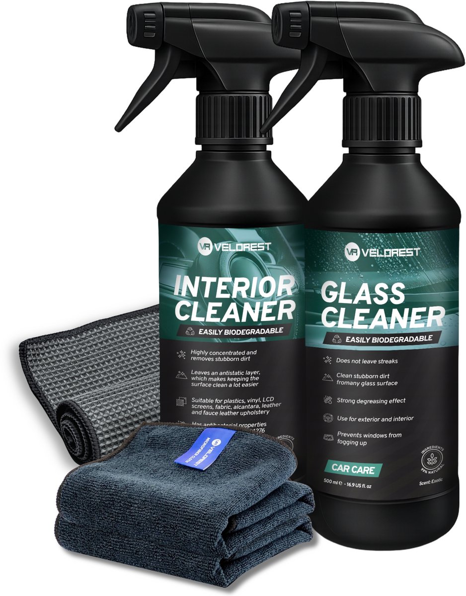 Velorest Interior Cleaning Set - Auto Schoonmaak Set - Ruitenreiniger - Interieur Reiniger - Glasdoek - Microvezel Doek - Auto Schoonmaak Producten