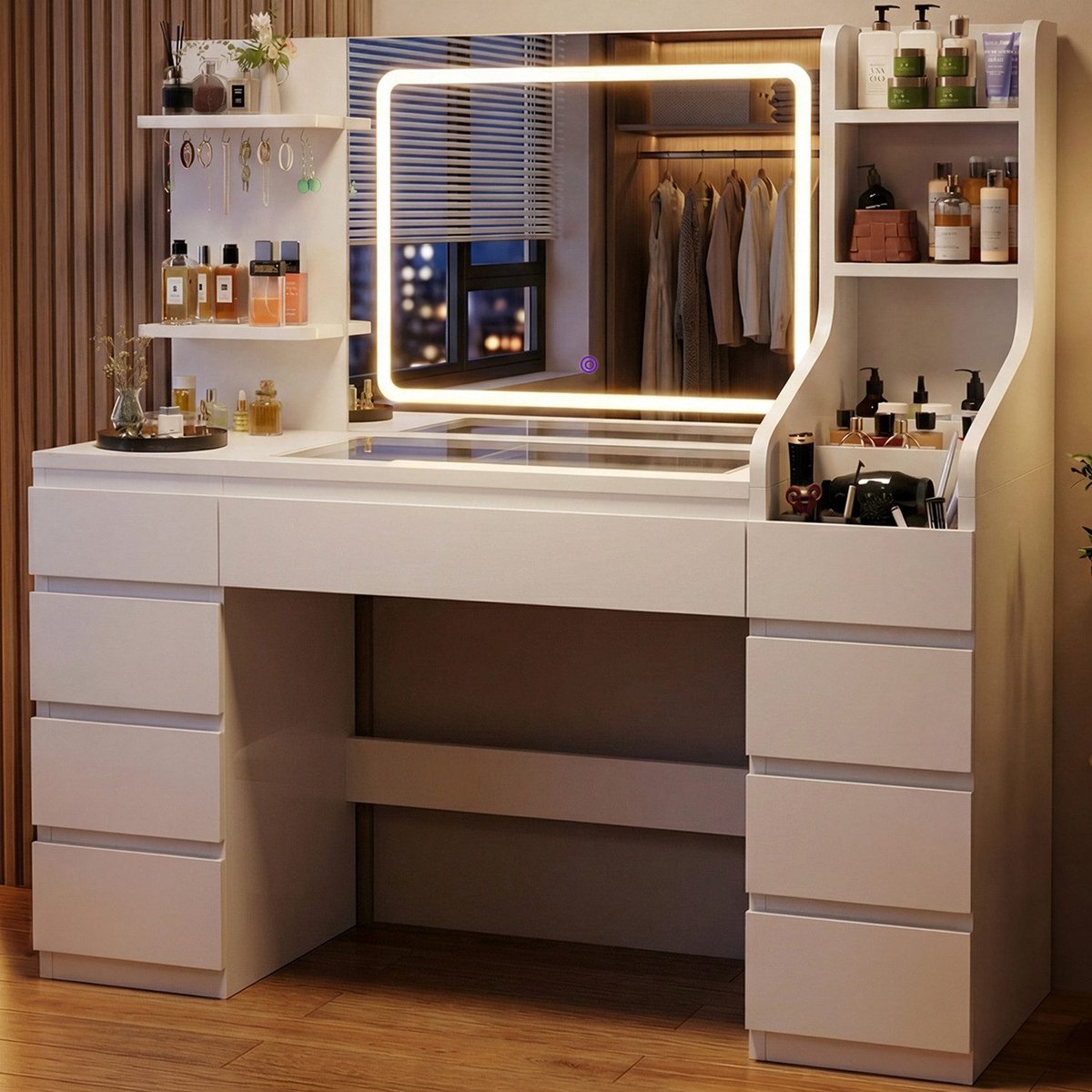 Devoko Kaptafel – 135 B × 40 D × 137 H cm – LED-spiegel met 3 Lichtkleuren en Traploos Dimbare Verlichting – 9 Laden en 7 Open Opbergvakken – Glazen Tafelblad – 2 Stopcontacten en 2 USB-poorten