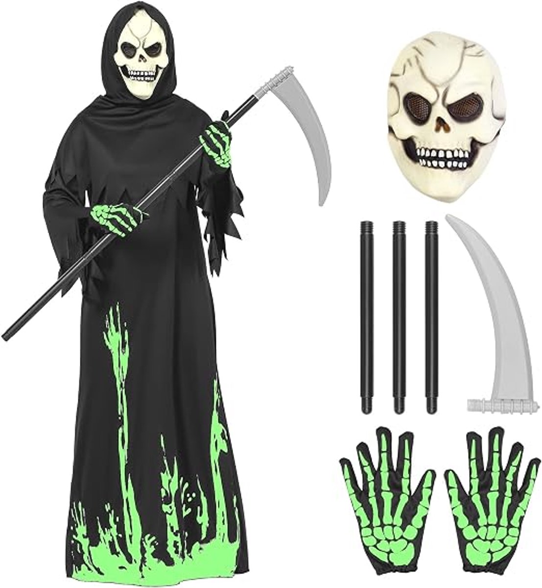 Halloween Grim Reaper-kostuum voor kinderen - Glow-in-the-Dark Halloween-spookkostuum met zeis, schedelmasker en handschoenen - Halloweenkostuum voor jongens en meisjes - Geschikt voor Halloween en carnaval - Maat L