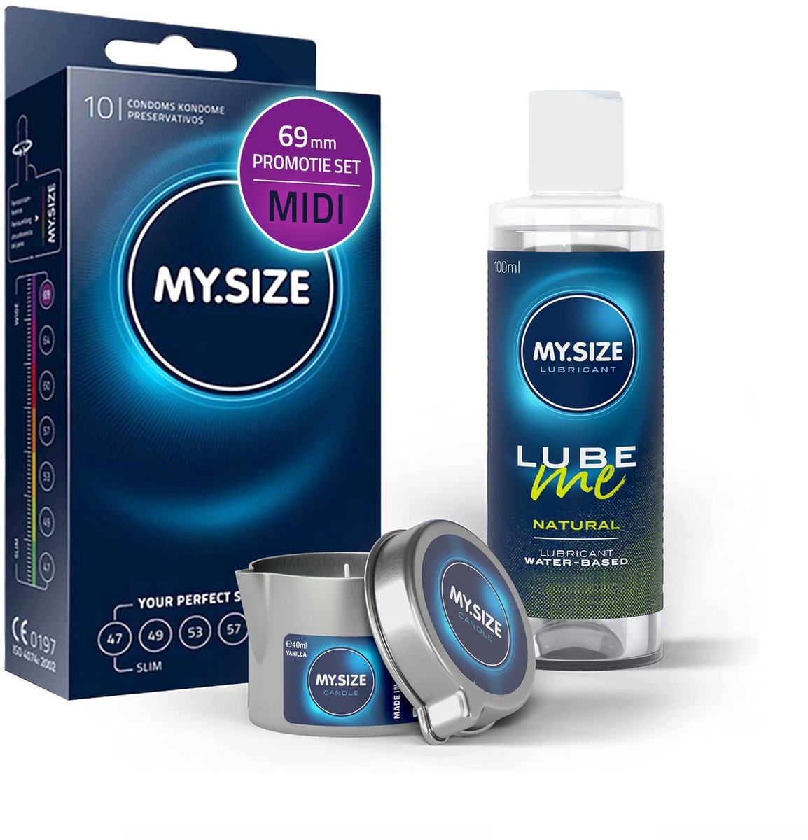 Voordeelverpakking MY.SIZE-condooms 69 mm, pak van 10 + MY.SIZE natuurlijk glijmiddel 100 ml + MY.SIZE-massagekaars