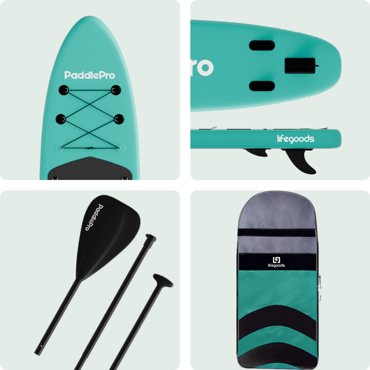 LifeGoods PaddlePro SUP Board - Opblaasbaar Paddle Board - Complete Set - Max. 150KG - 320x81cm - Mintgroen/Zwart – foto 7