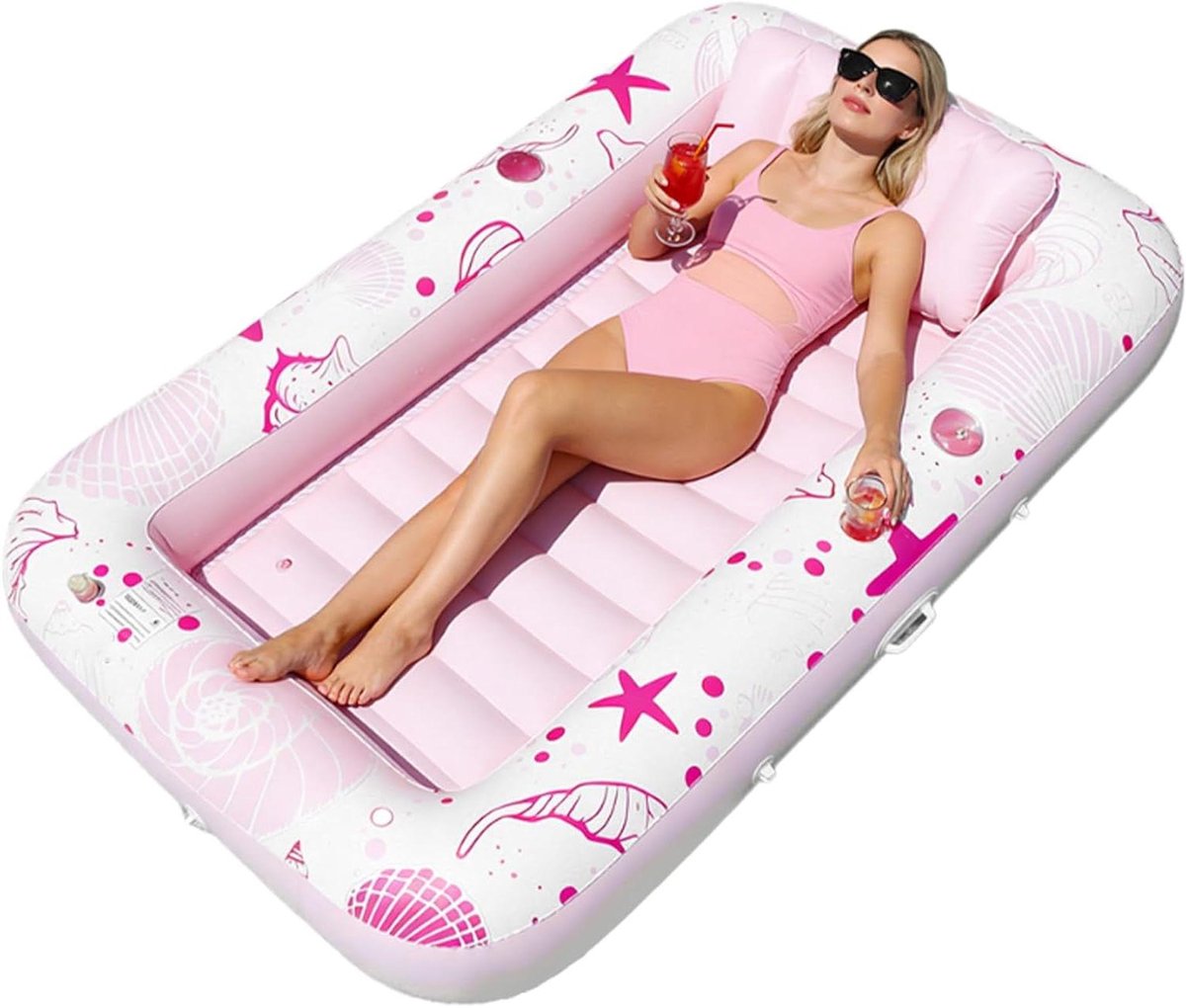Opblaasbare Zonnebank Ligstoel - Drijvend Zonnebadbed - Ontspannen in Water - Ingebouwde Hoofdsteun - 185x115x25cm - Roze