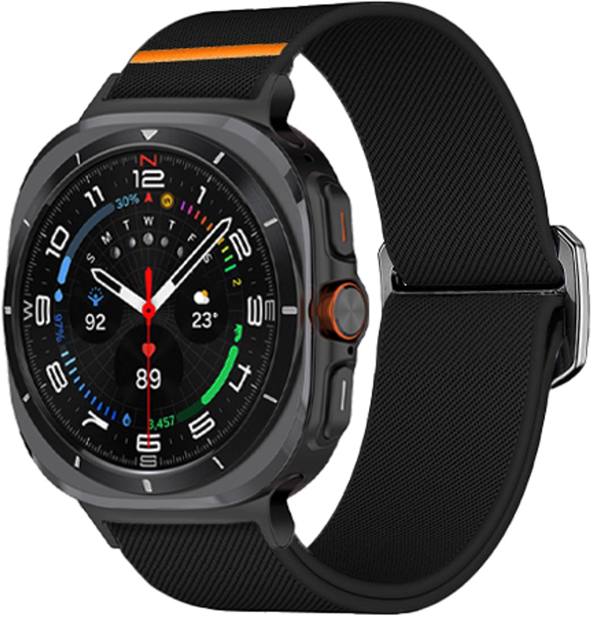 Stravo Elastisch Nylon Sport Bandje – Geschikt voor Samsung Galaxy Watch Ultra 2 47mm (2026) / Ultra 47mm (2024/2025) – Verstelbaar Sport Horlogebandje met Schuifsluiting – Zwart