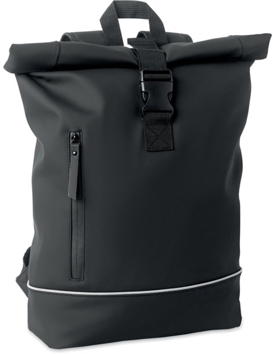 15 inch rolltop laptoprugzak in zacht PU met gevoerde achterkant en basisversterking met reflecterende strip Zwart