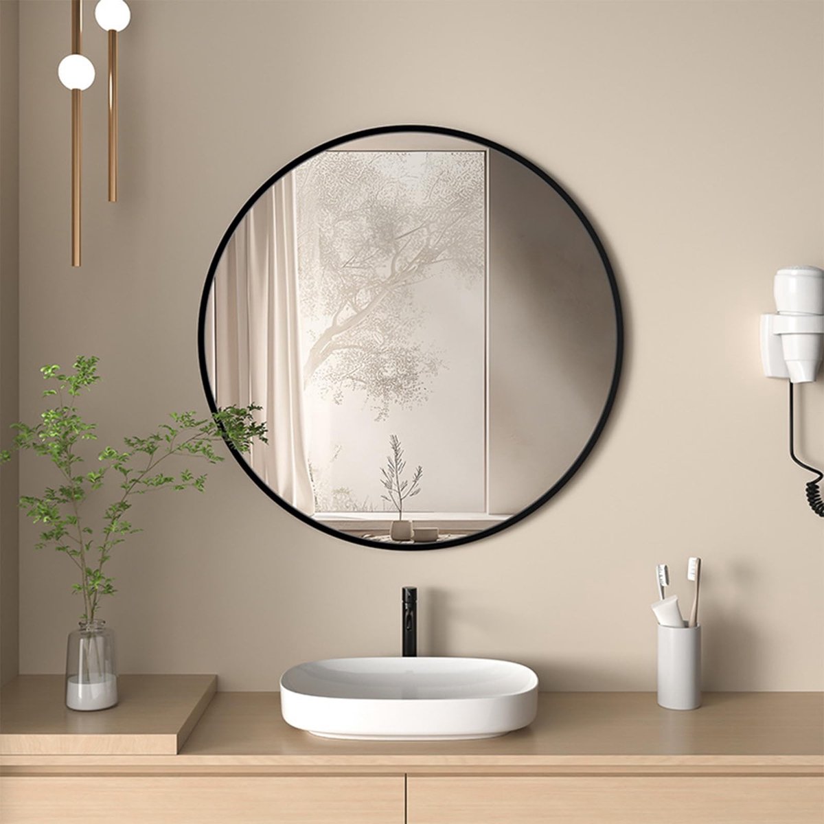 SnelShoppen - Moderne 60 cm Ronde Badkamerspiegel met Zwart Aluminium Frame, Wandgemonteerde Spiegel, HD-Glas voor Badkamer, Slaapkamer, Woonkamer en