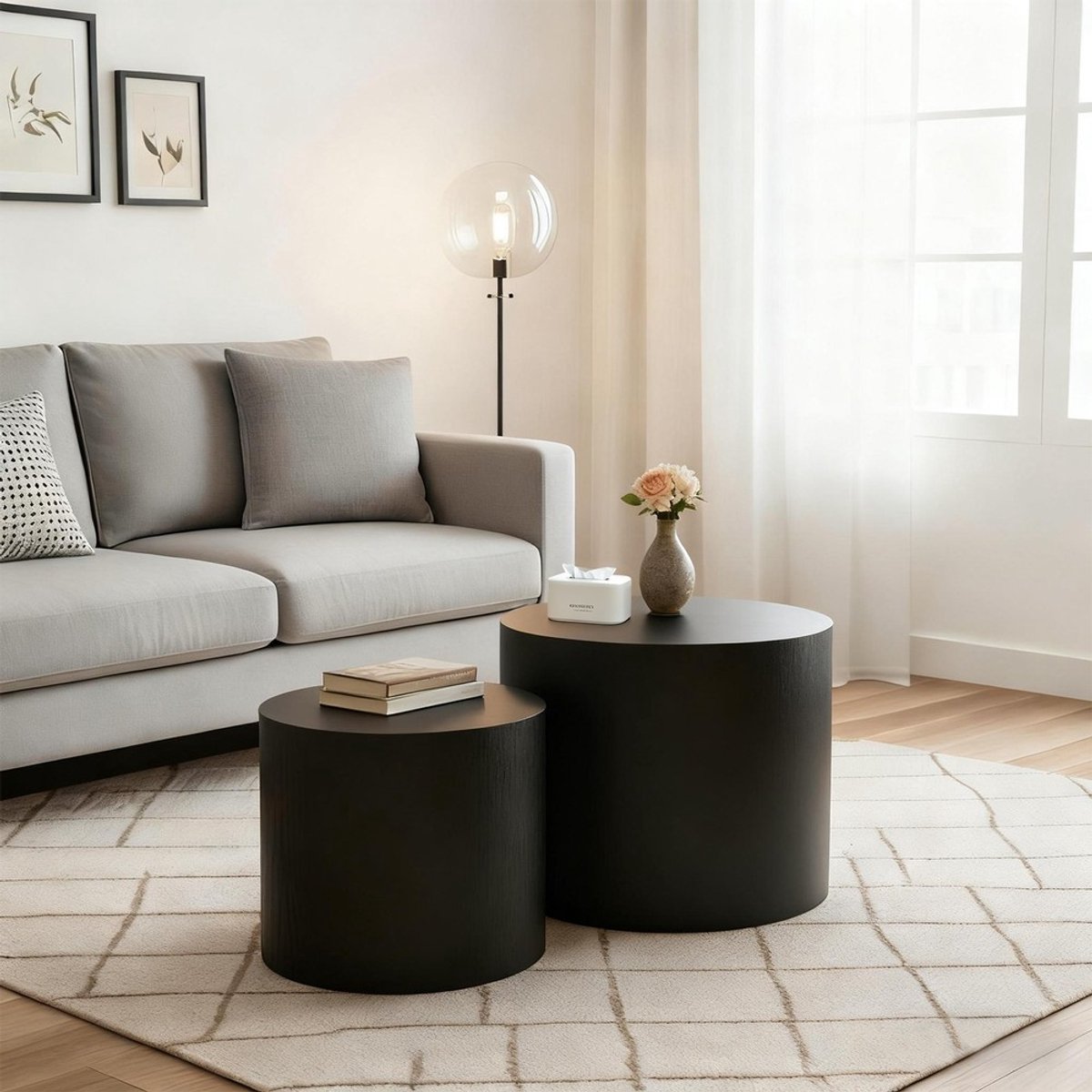 Pugsdrly Tweedelige bijzettafelset, moderne ronde salontafel met antislipvoetjes, houten bijzettafel voor woonkamer, slaapkamer, kantoor, balkon, terras, geen montage nodig, zwart