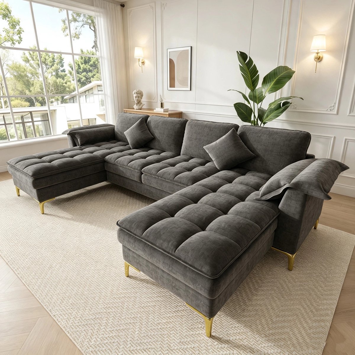 Woonkamer Hoekbank, U-Bank, 4-Zits bank, U-Vormige Hoekbank, Modulair Ontwerp Voor 4 Personen Met Wolkachtig Design En Dubbellaagse Schuimkussens, Inclusief 2 Chaise Longues, 2 Kussens, Gouden Metalen Poten, Chenille Bekleding, Grijs