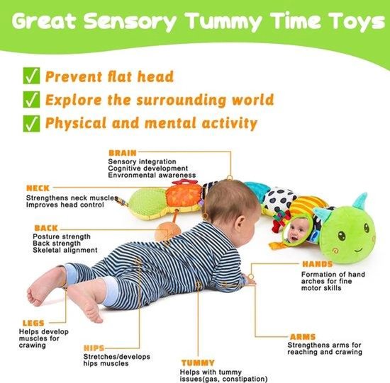 Casalora Buikligtrainer Baby - Sensorisch Knuffelspeelgoed met Geluid en Texturen & Muzikale - Pluche Rupsenthema - Geschikt vanaf 0 Maanden van casalora — afbeelding 5