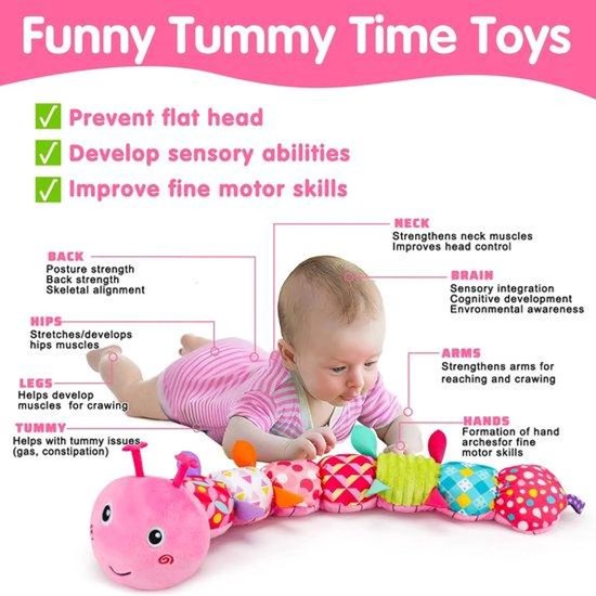 Casalora Buikligtrainer Baby - Sensorisch Knuffelspeelgoed met Geluid en Bijtring & Muzikale - Pluche Rupsenthema - Geschikt vanaf 0 Maanden - Roze van casalora — afbeelding 2
