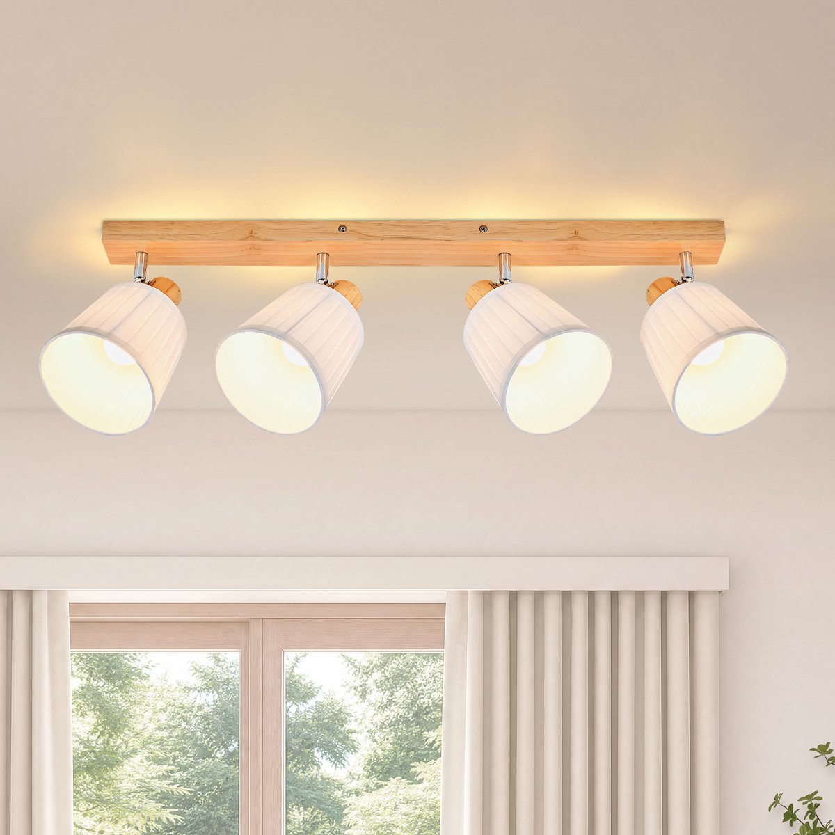 NETTLIFE 4-Flammige Plafondspot met Hout & Witte Stoffen Kap - E14 | 350° Draaibaar | Vintage Boho Design | Geschikt voor Woonkamer Keuken & Hal - Zonder Lampen | Max. 25W