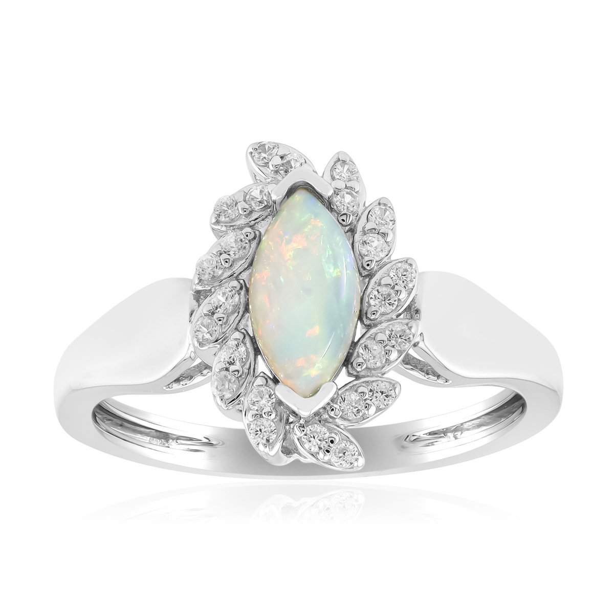 Cavill - Elegante bloemring met Australische Opaal 0,289 ct - 925 Sterling Zilver platina verguld - Marquise cabochon & 24 zirkonia