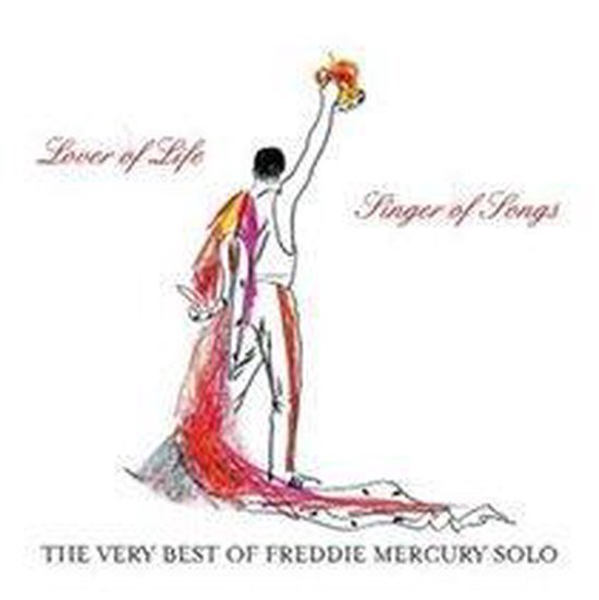 Illustratie van Freddie Mercury in een witte outfit met rode sjerp, met de tekst 'Lover of Life, Singer of Songs'.
