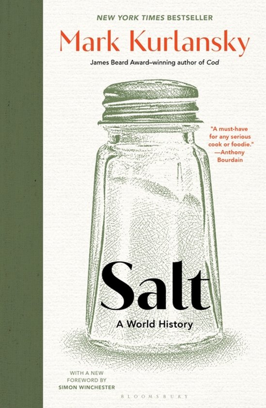Boek 'Salt: A World History' van Mark Kurlansky met een illustratie van een zoutvaatje.