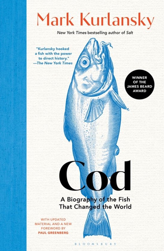 Boekcover van 'Cod' met een blauwe illustratie van een kabeljauw, titel 'Cod' en de tekst 'A Biography of the Fish That Changed the World'.