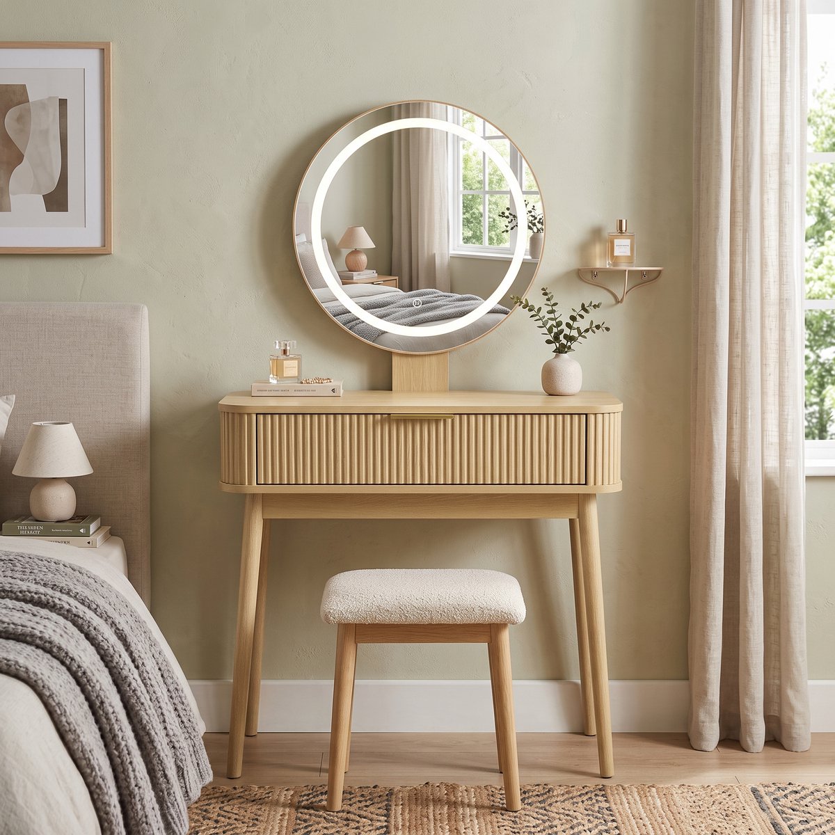 MIVRAY Kaptafel - LED Spiegel Met Grote Lade - Voor Slaapkamer En Kleine Ruimtes - Eikenkleur - 80 X 40 X 133 Cm