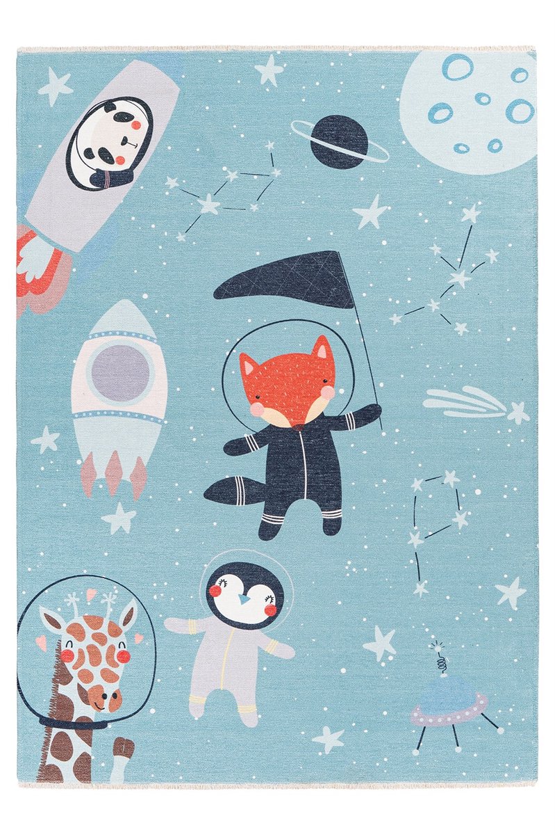 Padiro kindervloerkleed 115 x 170 cm - spaceblauw - speels kindermotief - met dierlijk astronautenmotief - van katoen (gerecycled) en polyester