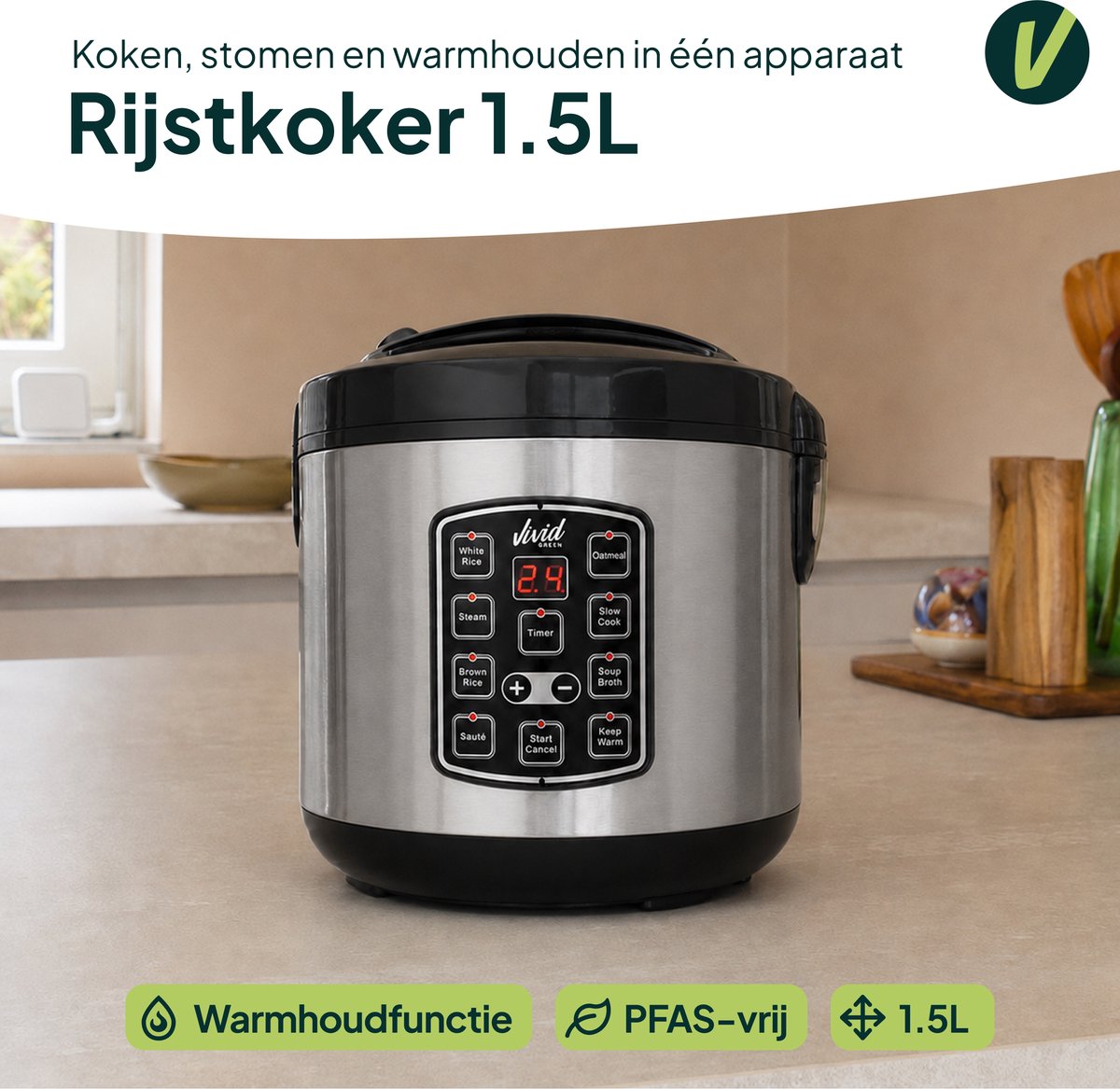 Rijstkoker met Stomer - 1.5L - Slowcooker met Timer - 8 Porties - Multicooker - Rice Cooker - RVS - Vivid Green – foto 2