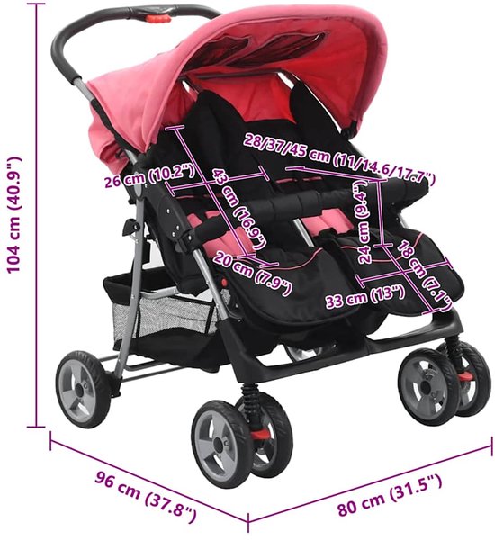 vidaXL - Tweelingkinderwagen - staal - roze - en - zwart van Vidaxl — afbeelding 2