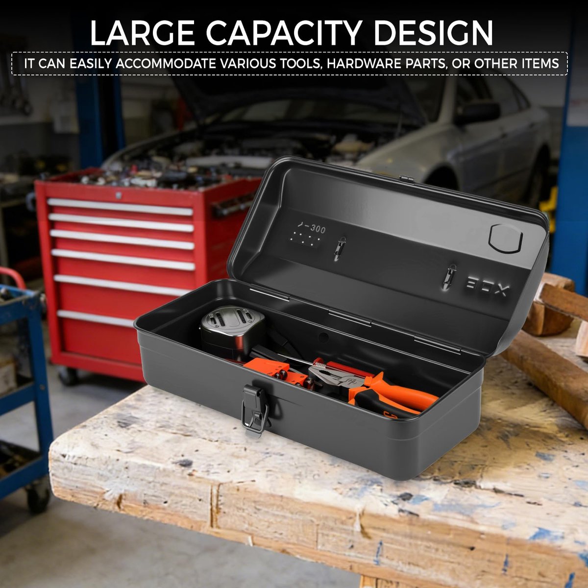 Metalen Gereedschapskoffer 37 x 16 x 12 cm - Robuuste Tool Box met Handvat & Sluiting - Duurzame Opbergkoffer voor Gereedschap, Accessoires & Reparatiemateriaal - Draagbare Transportkoffer voor Werkplaats, Garage & Klussen - Zwart