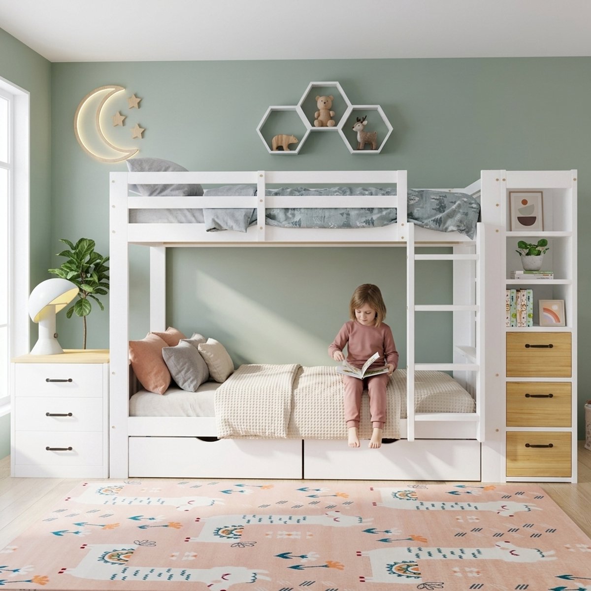 VVBV Stapelbed 90x200 cm - Opbergtrap, Met Lades, Met Planken - Wit/Naturel, Massief Hout & MDF