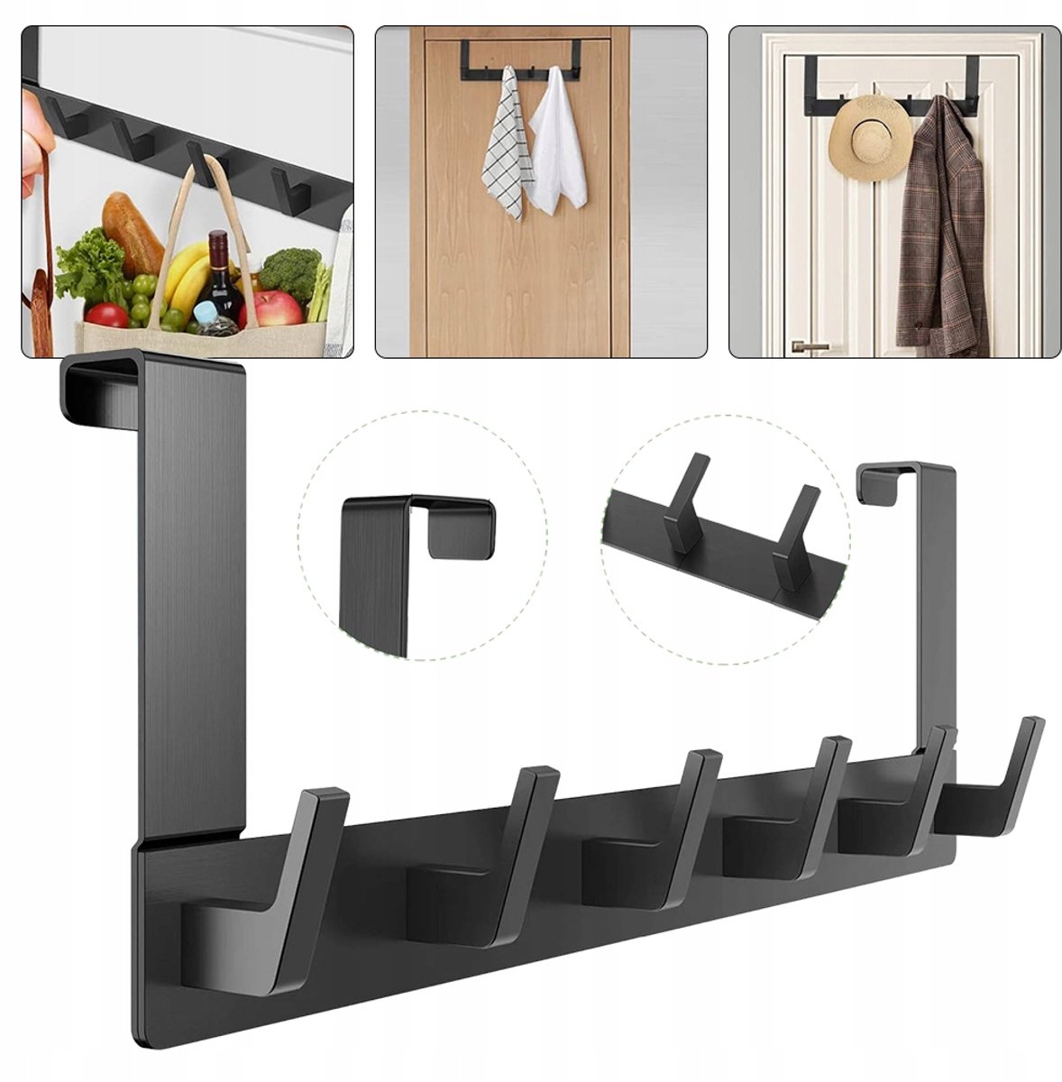 Deurhanger Zonder Boren Met 6 Haken En Beschermend Schuim - 54 cm 10 kg Draagvermogen - Krasbestendig Snelle Installatie - Ideaal Voor Jassen, Mutsen En Handdoeken - Zwart