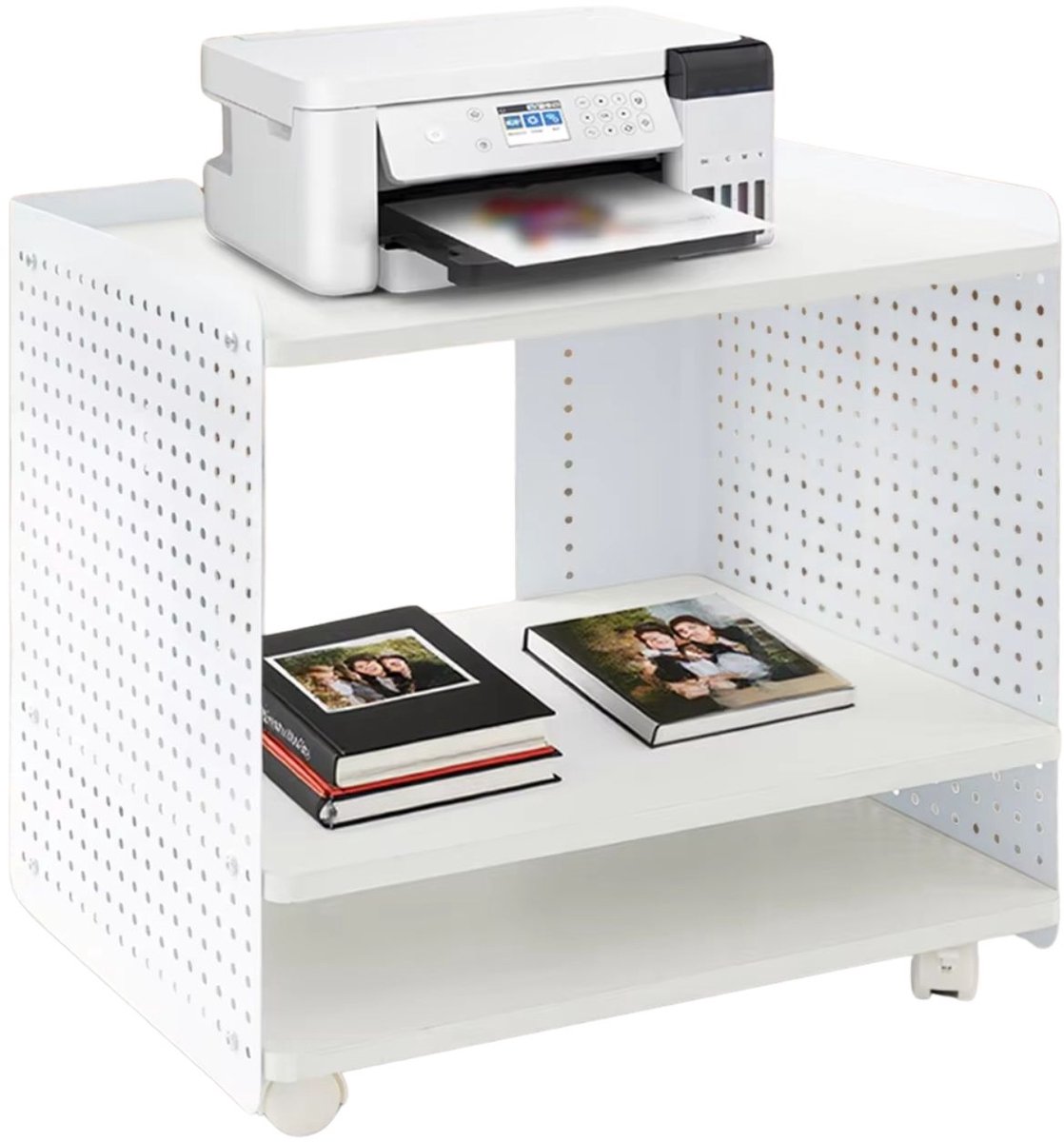 3-laags rollende printerwagen – Voor kantoor en studeerkamer – mobiel opbergrek met planken en wielen voor printer, fax en accessoires – metaal/hout – wit