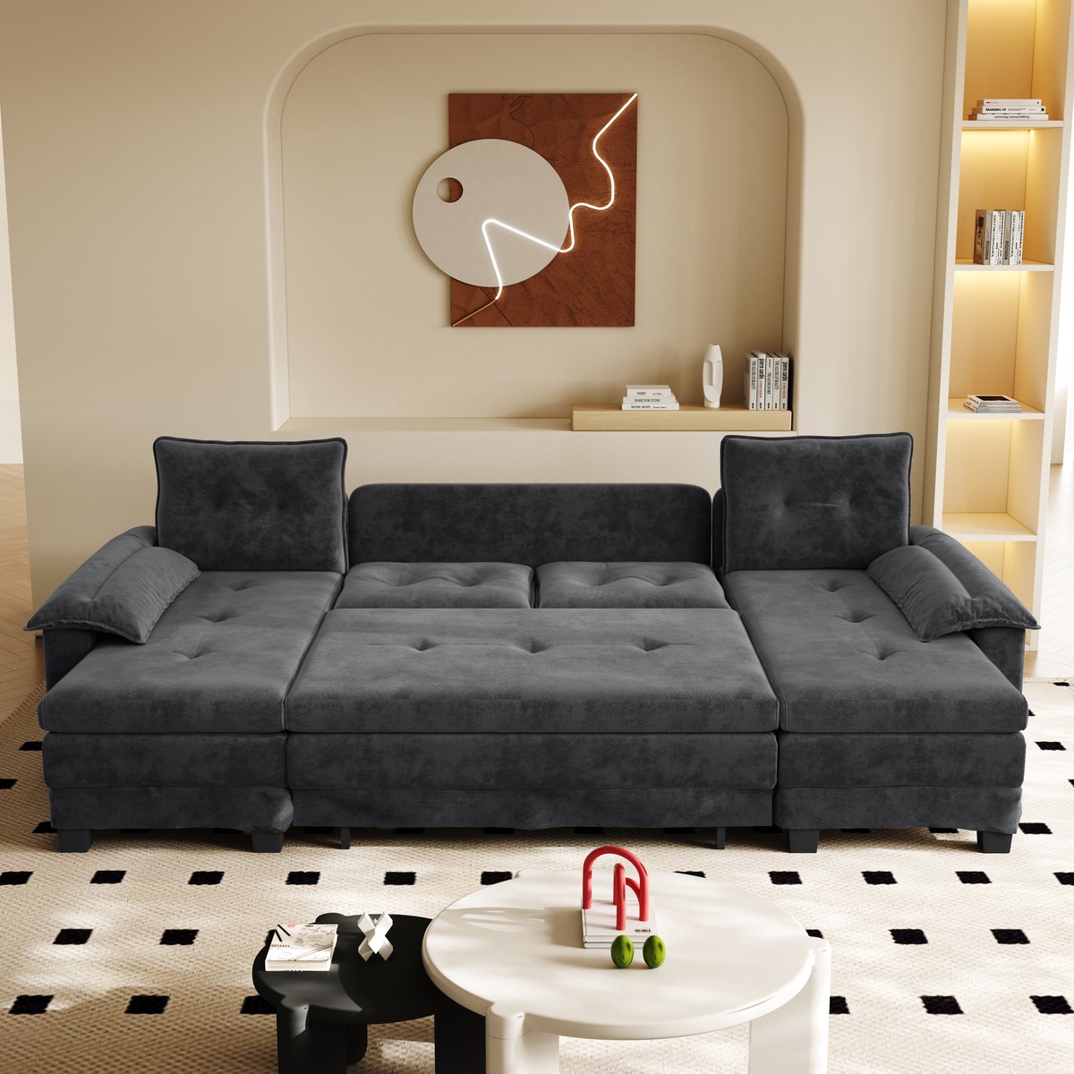 VVBV Slaapbank 278x127x87 cm - U-Vorm, Slaapfunctie, USB-Aansluiting, Ruimtebesparend - Grijs, Chenille
