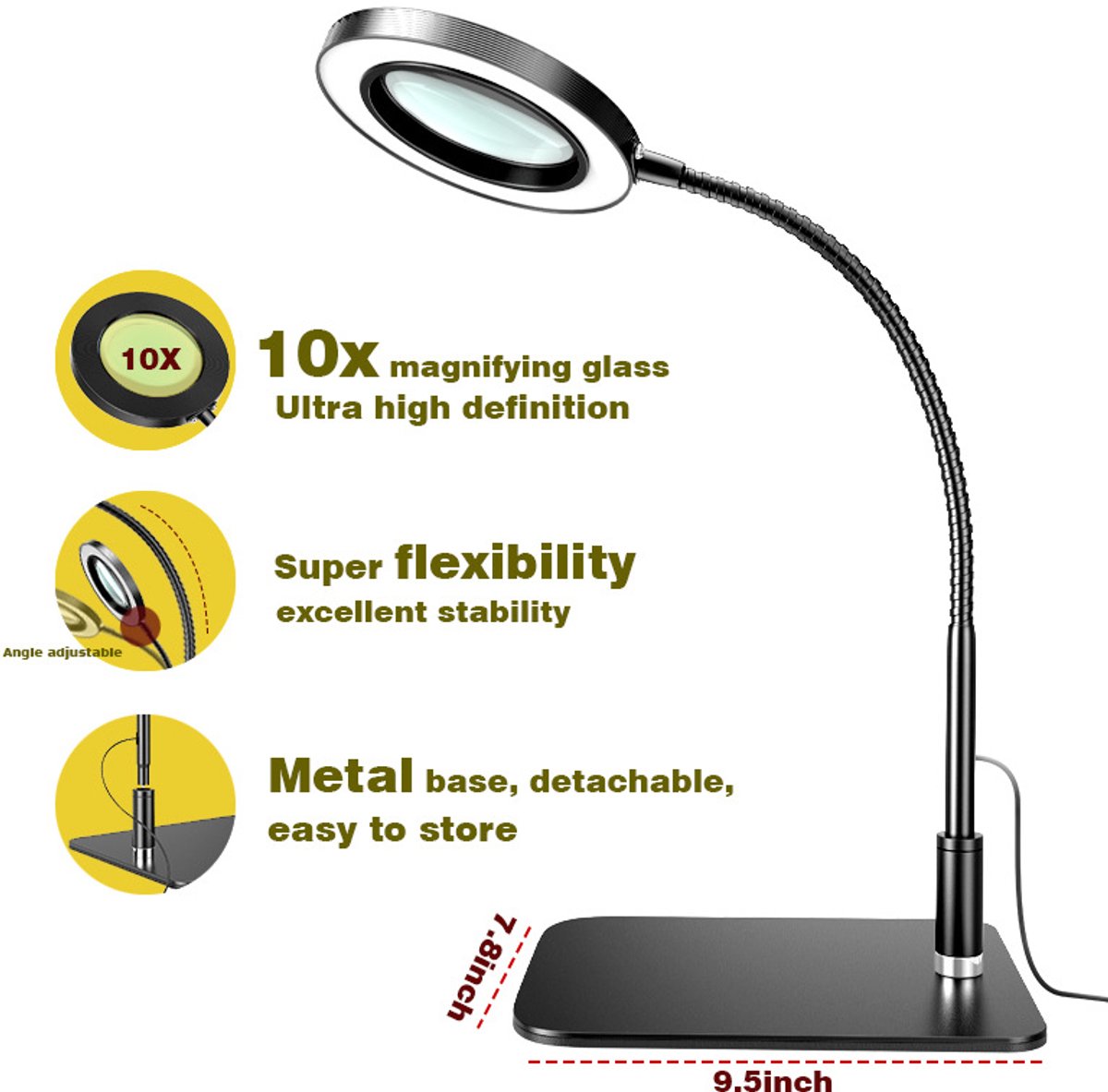 Bureaulamp met grote spiegel van 160 mm, 10x vergrootglas, flexibele LED-buis met instelbare driekleurige verlichting, metalen voet en USB-aansluiting voor lezen, borduren, lassen en andere werkzaamheden - Nachtlampje thumbnail 2
