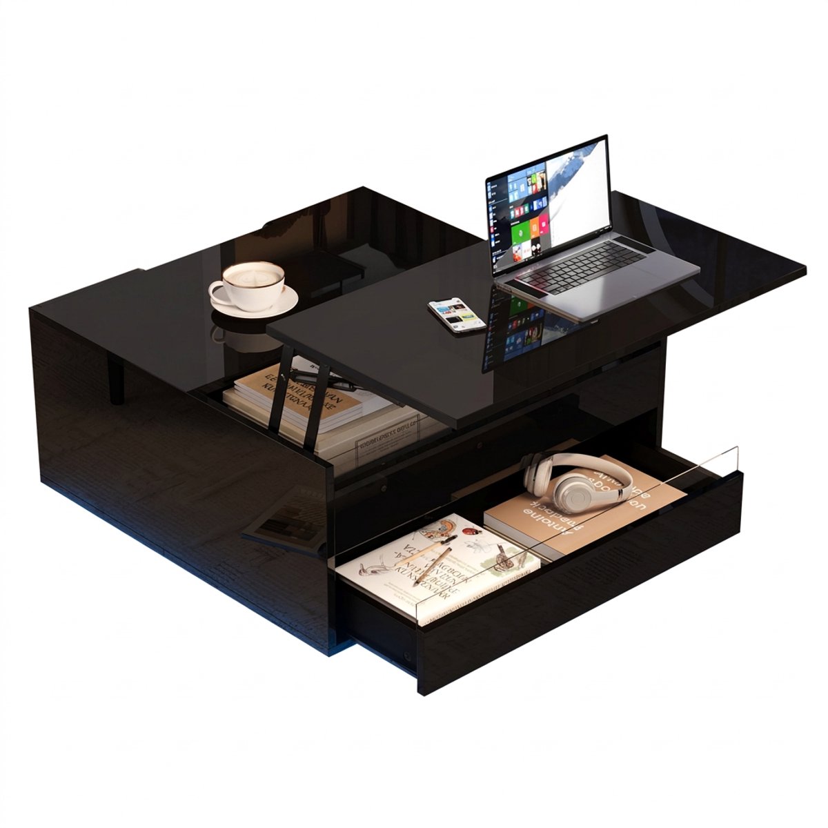 Salontafel met lift, Zwarte hoogglans salontafel, 70x70x38cm, Salontafel met LED, Lade en verborgen opbergruimte, Multifunctionele salontafel voor woonkamer