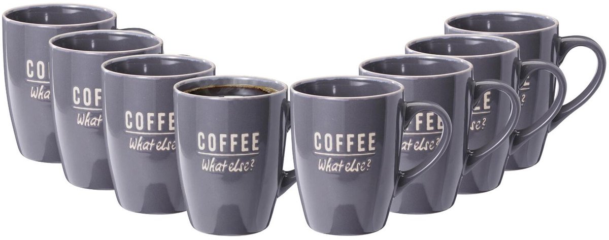 Siaki koffie kopjes Barista Cafe - 8x stuks - grijs - 340 ml - mokken - keramiek - 10 cm - met koffie thema teksten