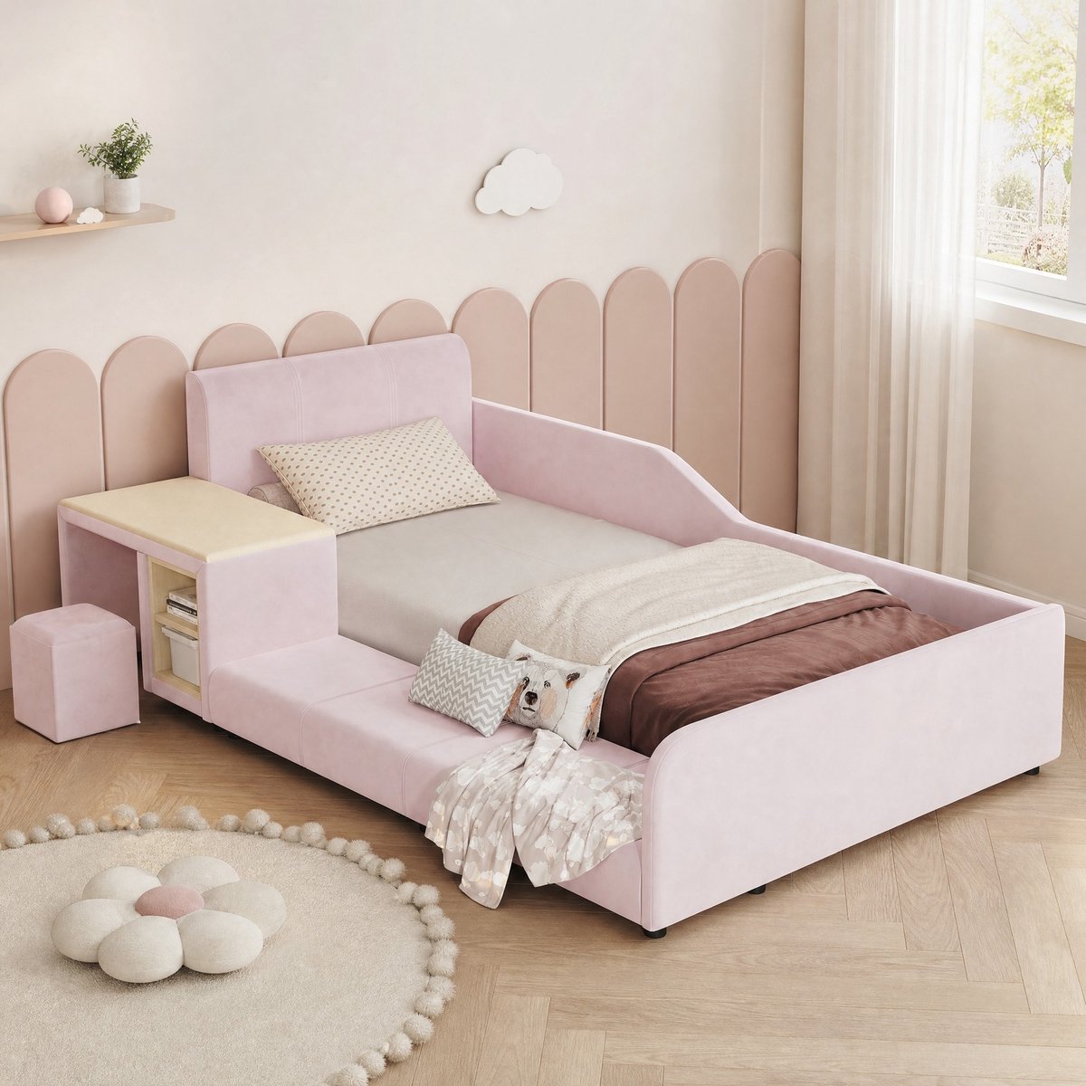 STILVORA Bedframe 90x200cm – Kinderbed met Bureau & Hocker – Opbergruimte voor Boeken en Spullen – Voor Kinderkamer – Zacht Fluweel – Roze – Zonder Matras