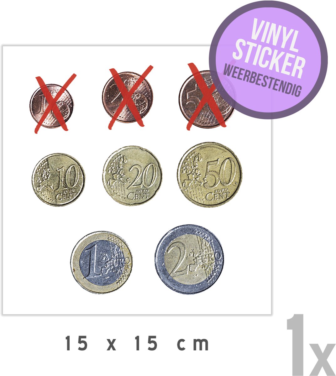 Pictogram/ vinyl sticker | Aanvaarding muntstukken automaat | 15 x 15 cm | Euro | Centen | Muntstuk | Geldautomaat | Hoogwaardige zelfklever | Watervast | Wassalon | 1 stuk