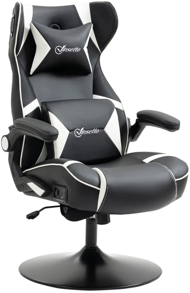 Ergonomische Gamingstoel met Geïntegreerde Luidsprekers, Lendensteun & Hoofdsteun - Verstelbare Rugleuning - 360° Draaibaar - In Hoogte Verstelbaar - Relaxfauteuil - Bureaustoel - TV Stoel - Zwart + Wit