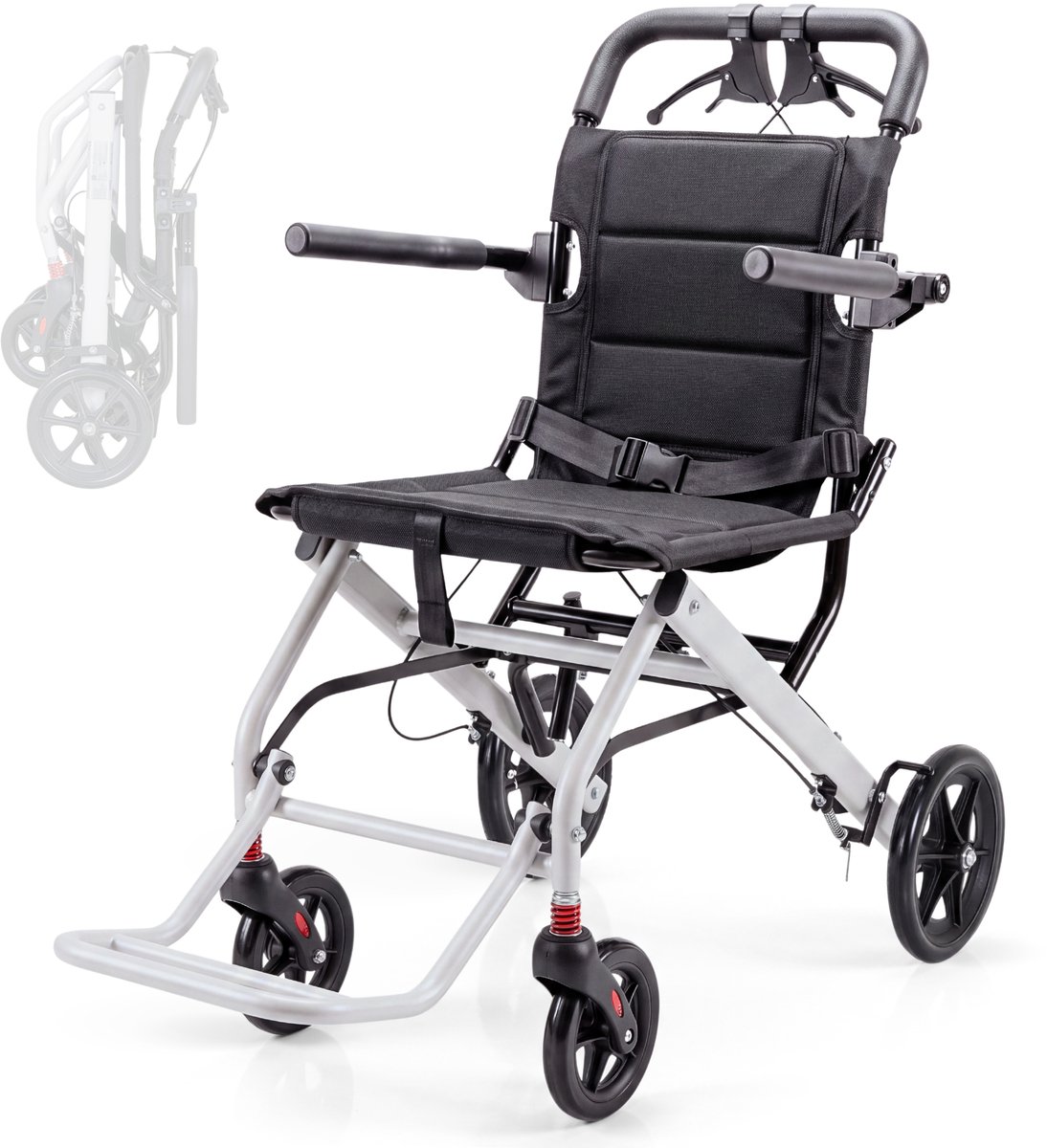 Mobiclinic Venus - Travel Rolstoel - Inklapbaar - Gewicht 8,4 kg - Transit rolstoel - Lichtgewicht - Staal - Rolstoel - Zittingbreedte 40 cm - Veiligheidsgordel - Vouwbare voetsteunen en armsteunen - Wit en zwart