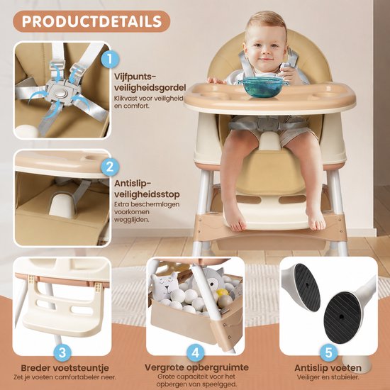 Arvioo - kinderstoel - 2-in-1 hoogstoel - 3 standen dienblad - afneembaar kussen beige — afbeelding 4