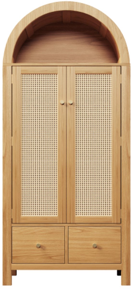 COLAMY Kledingkast - Garderobekast - Rattan Deuren - 2 Laden - Kledingstang - Landelijke Stijl - Walnootlook