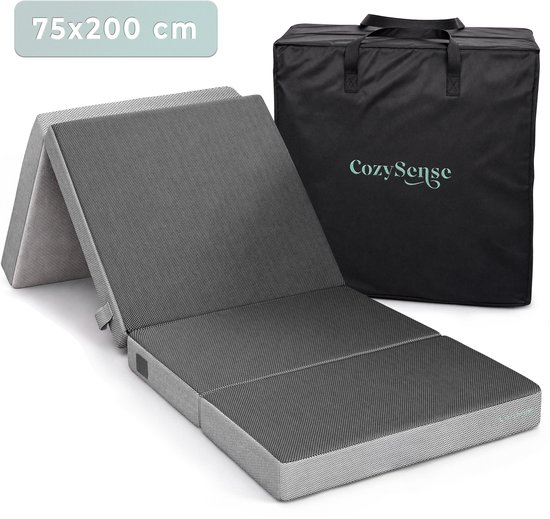 Grijs opvouwbaar matras 75x200 cm met zwarte draagtas.