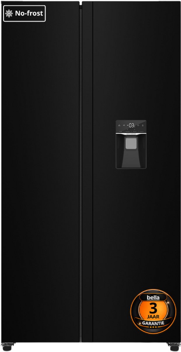 Bol.com Bella BSBS-455.1WBE - Amerikaanse koelkast - 3 jaar garantie - Waterdispenser - Display - Zwart aanbieding