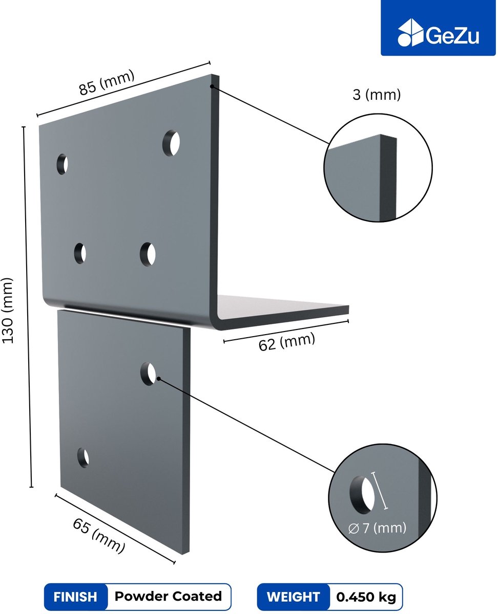 GeZu Impex Houtverbinding T Stuk 71x71mm Set van 8 Antraciet Poedergecoat T-Verbindingsbeugel Muur- & Paalverbinder voor Houten Constructies