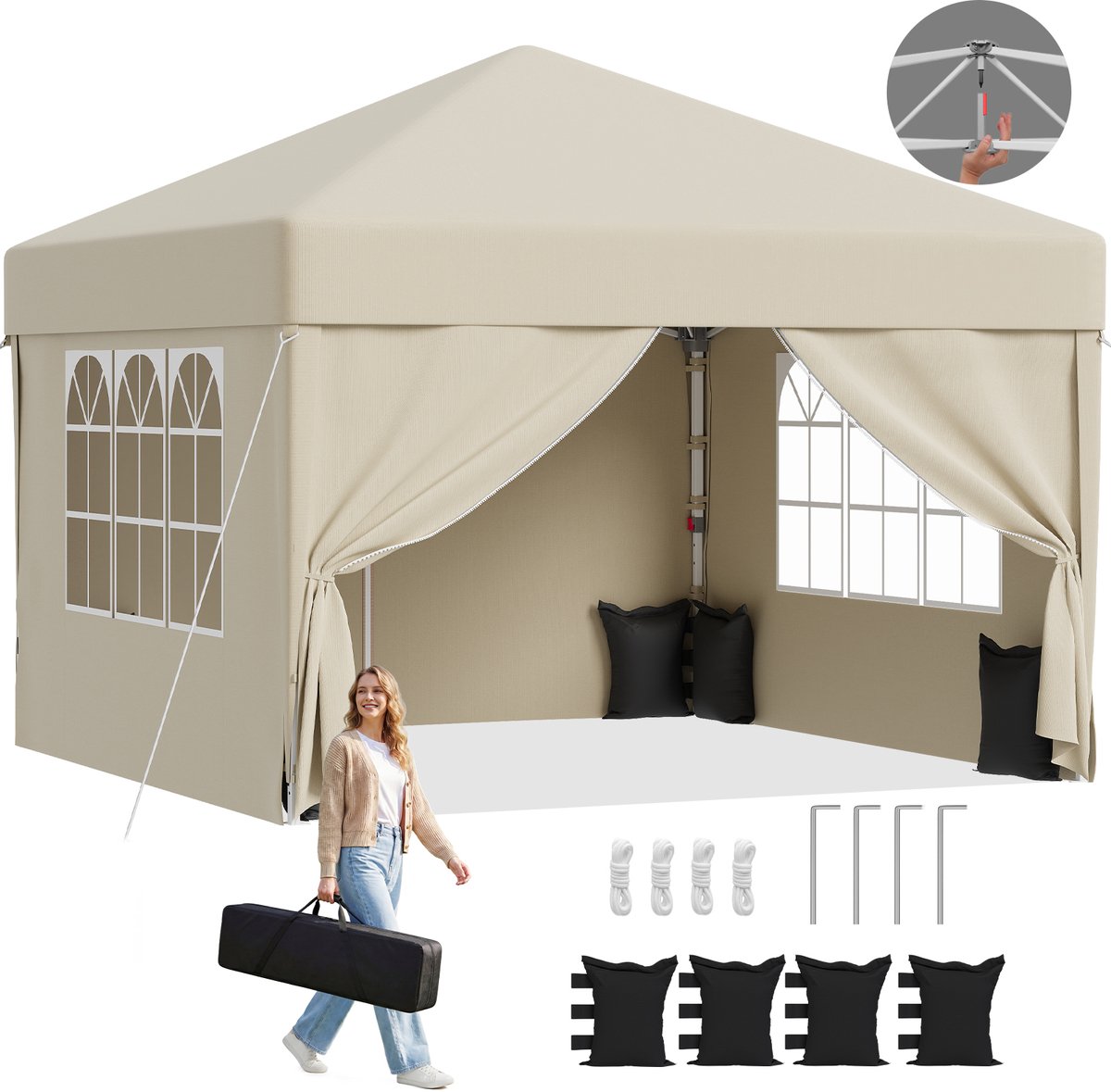 Devoko partytent–Opvouwbaar tuinpaviljoen 3x3–pop-up tuinpaviljoen in 20 sec–Waterdicht & UV-bestendig–met opbergtas–4 zijwanden–Beige