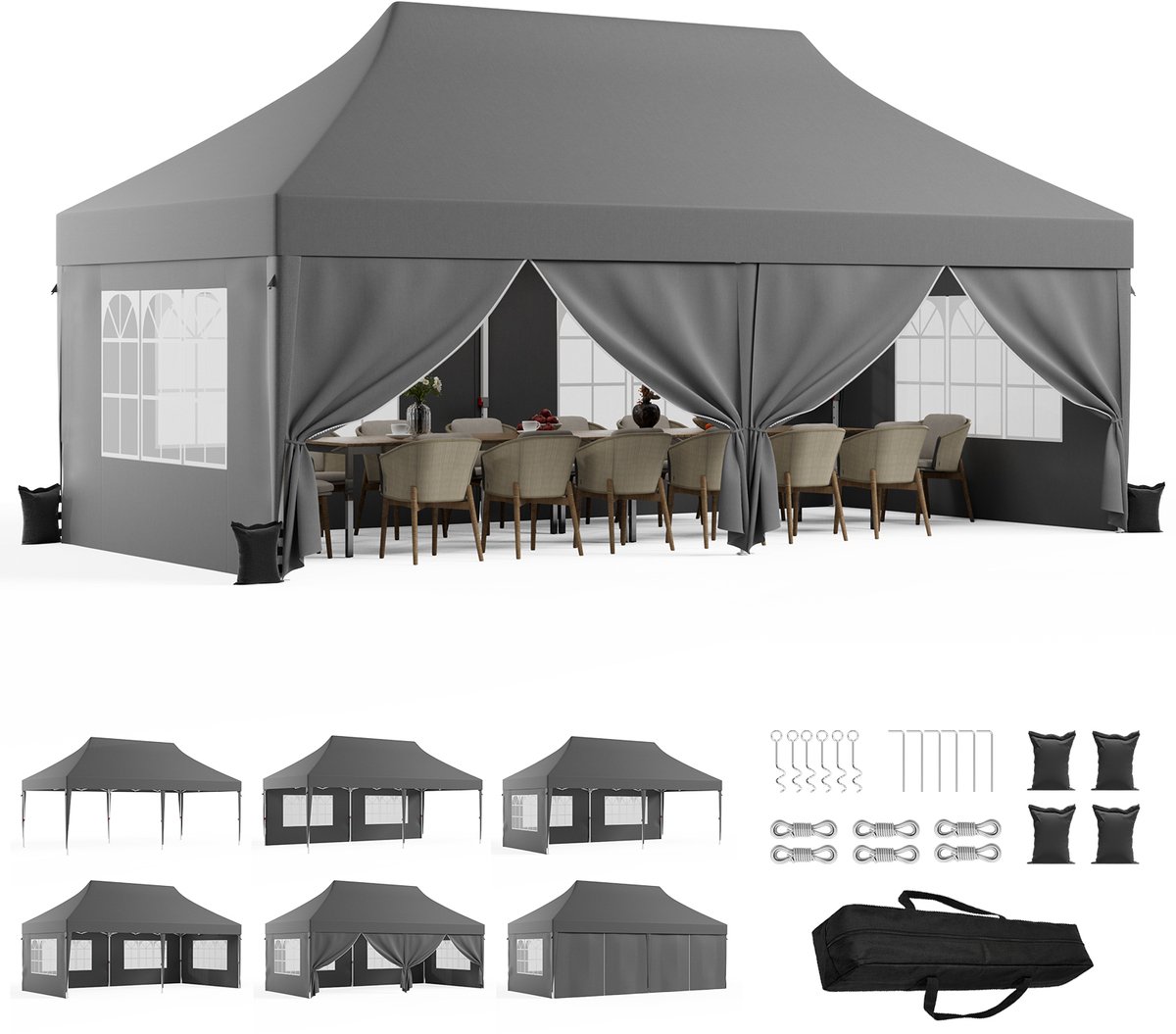 Devoko Luxe Partytent 3x6 m – opvouwbaar snelopzetbaar tuinpaviljoen met zijwanden – Waterdicht en UV-bestendig – Inclusief opbergtas – 3 Hoogteverstelbaar – Grijs