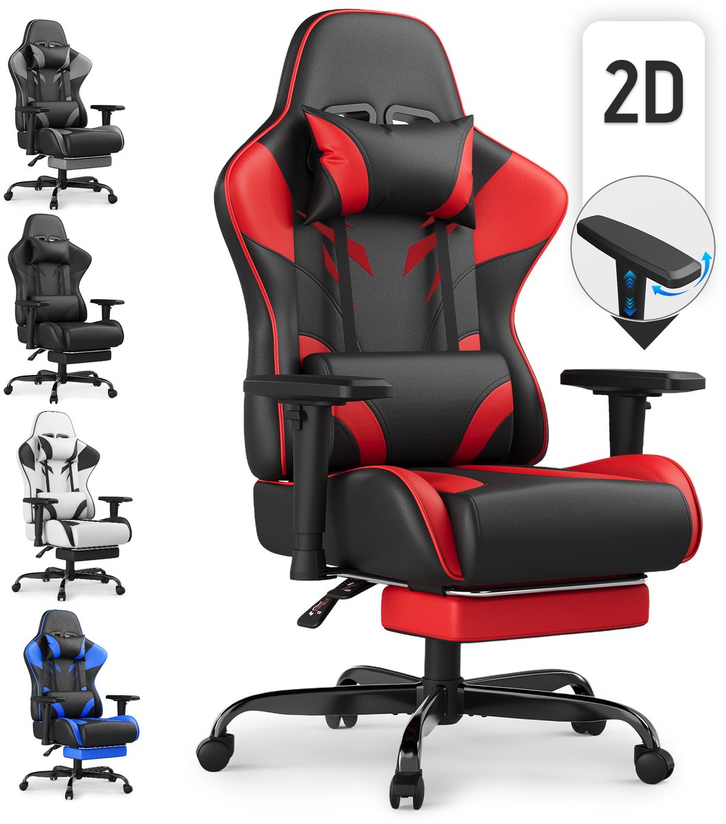 Ergonomische Bureaustoel – 2D Verstelbare Armleuningen – Rugleuning 90-135° – Voetensteun – 150 kg Draagvermogen – Stil Wielen – Zwart rood