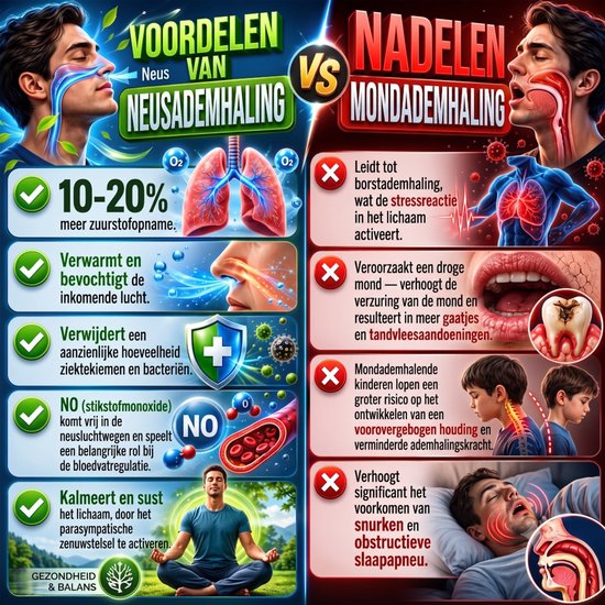 Afbeelding toont de voordelen van neusademhaling versus de nadelen van mondademhaling met illustraties van longen, neus, mond en een mediterende man.