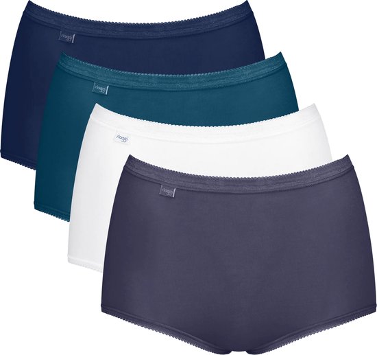 Set van vier damesmaxislips in donkerblauw, petrol, wit en grijsblauw, met kanten boord.