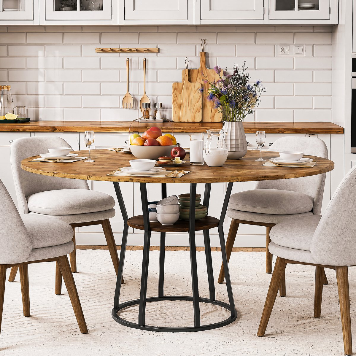 Eettafel - Ronde Tafel Voor 4-6 Personen - MDF Blad Met Metalen Poten - 120x120x75 Cm - Walnoot/Zwart
