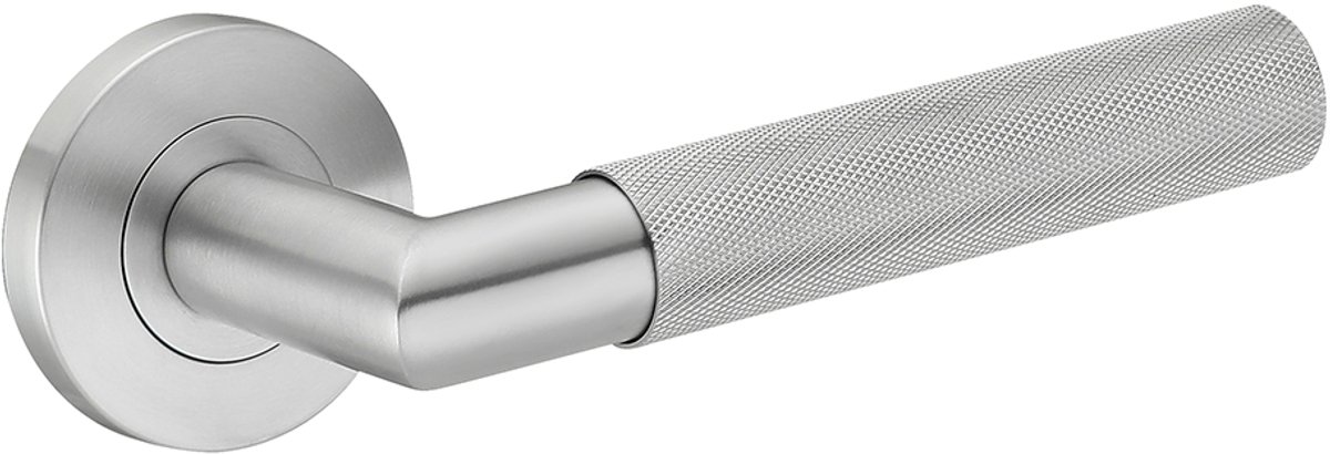 Deurkruk (2x) Pia rond massief geribbelde diamant greep 22mm haaks met een schroefrozet geborsteld RVS | RVS deurklinken