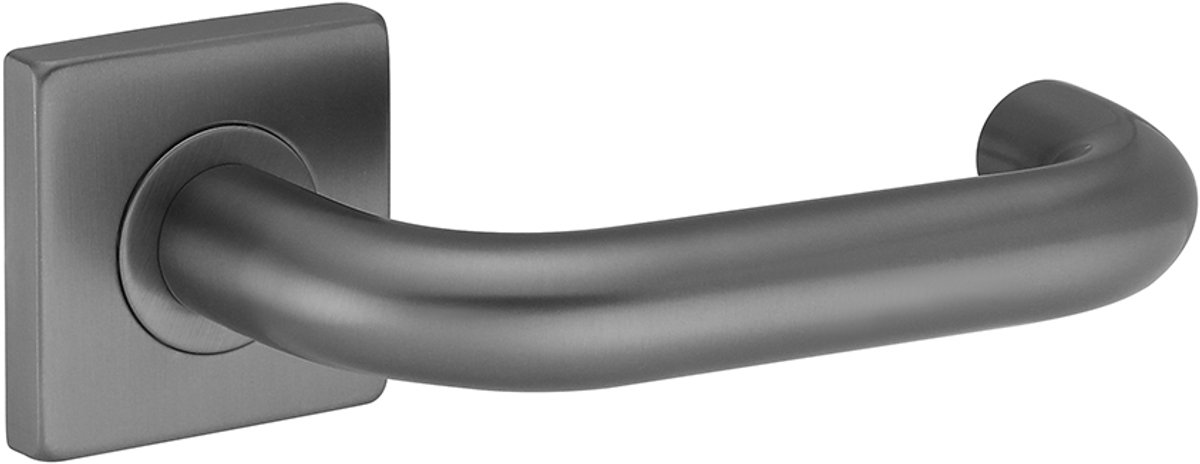 Deurkruk (2x) Leonardo rond model u 20mm haaks op vierkant rozet geborsteld gun metal PVD gecoat | Ronde deurklinken