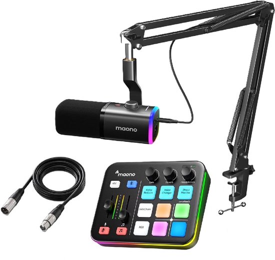 Maono PD100XS USB microfoon met RGB-verlichting, microfoonarm, XLR-kabel en G1 NEO streaming deck met gekleurde knoppen.