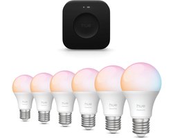 Philips Hue Starterspakket - E27 - met 6 Standaard lampen - Wit en Gekleurd Licht - Incl. Hue…