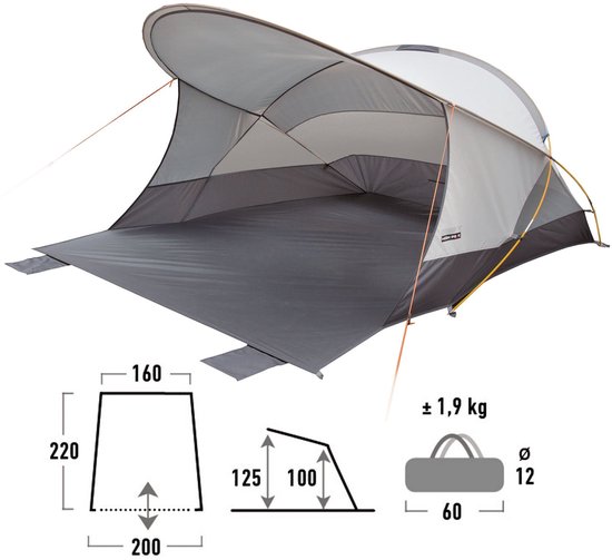 Strandtent met UV-bescherming 80, grijs en wit, met matenindicatie en gewicht van 1,9 kg.